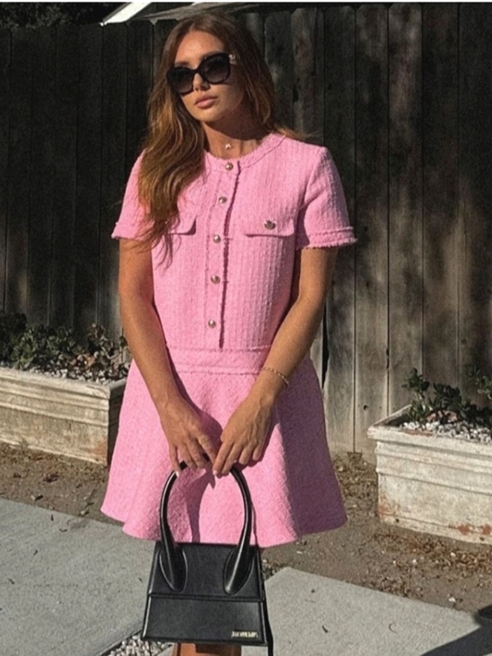 Zara Pink Tweed Short-Sleeve Party Dress with Gold Buttons